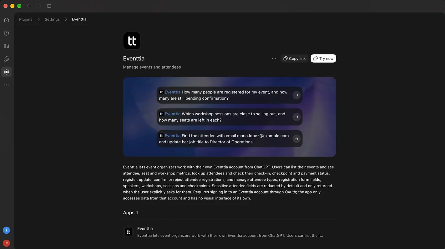 The Eventtia plugin page in ChatGPT, with example prompts and the list of what the plugin can do in an Eventtia account.