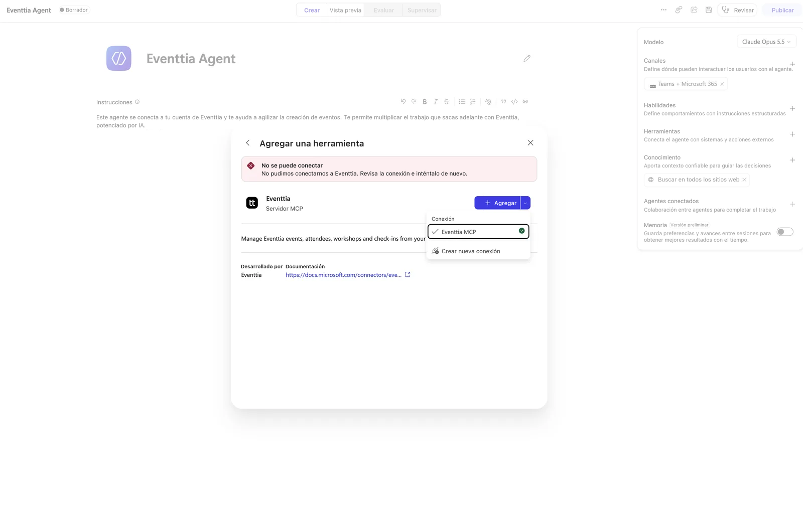 El cuadro Agregar una herramienta de Copilot Studio con el error No se puede conectar para el servidor MCP de Eventtia, y el desplegable Conexión con la opción Crear nueva conexión.