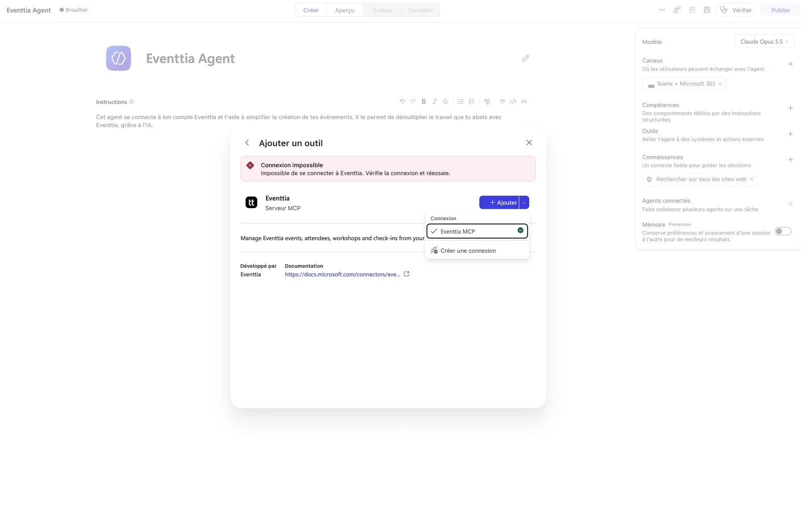 La fenêtre Ajouter un outil de Copilot Studio avec l'erreur Connexion impossible pour le serveur MCP d'Eventtia, et la liste Connexion qui propose Créer une connexion.