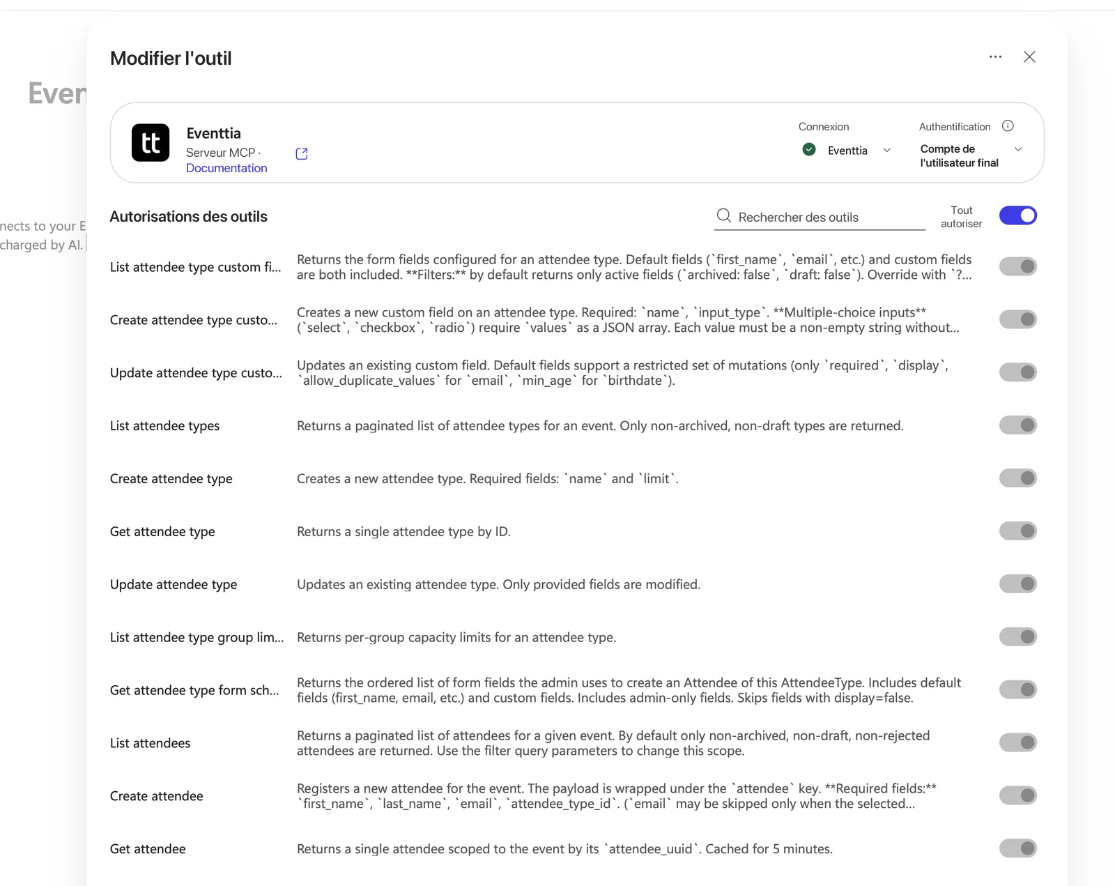 La fenêtre Modifier l'outil de Copilot Studio pour le serveur MCP d'Eventtia : la connexion est active, l'authentification est réglée sur Compte de l'utilisateur final et la liste des autorisations affiche les outils de types de participants, de champs personnalisés et de participants.