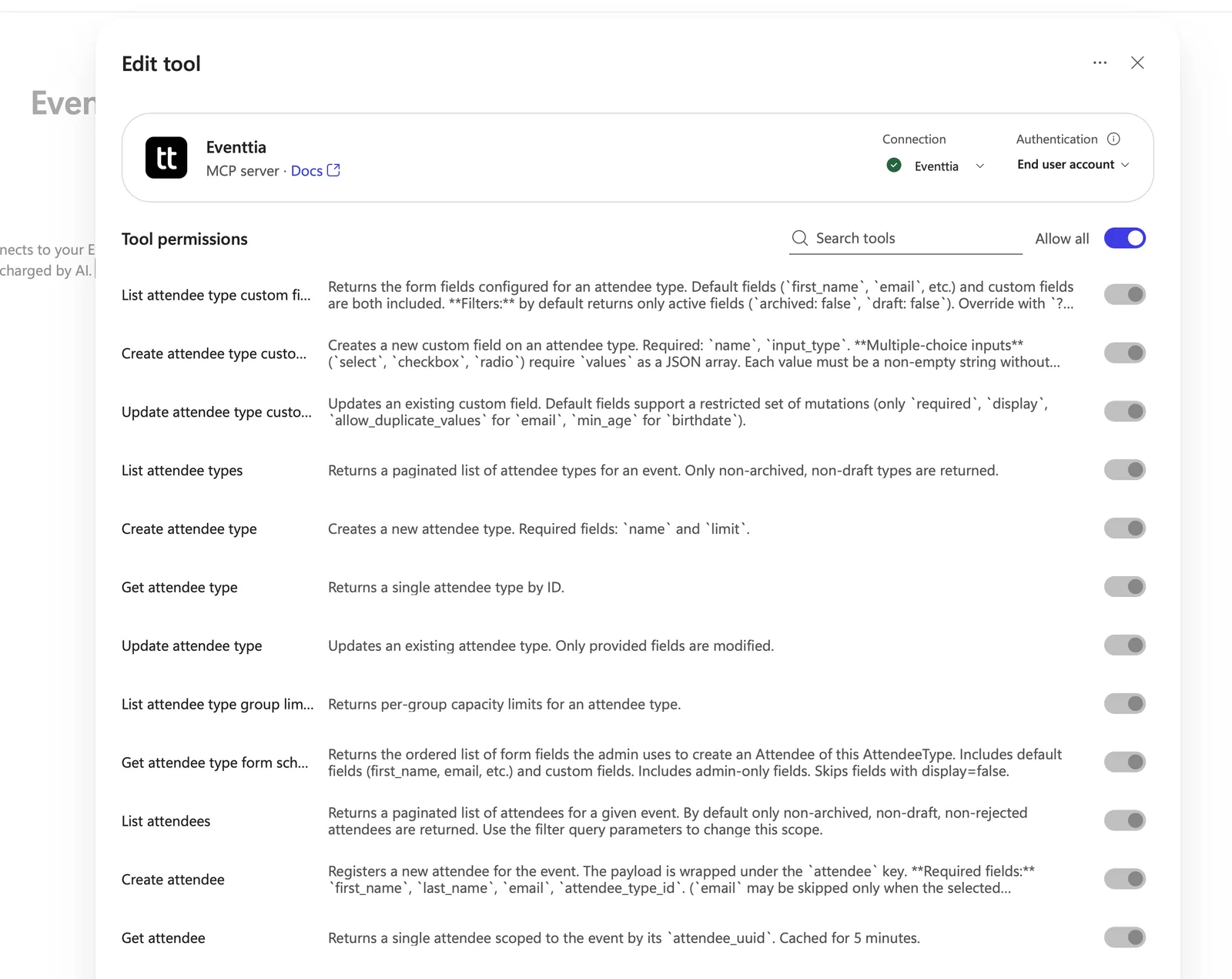 The Edit tool dialog in Copilot Studio for the Eventtia MCP server: the connection is active, Authentication is set to End user account, and the tool permissions list shows attendee type, custom field and attendee tools.