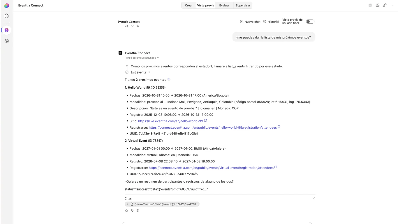 Prueba de las herramientas de Eventtia en la pestaña Vista previa de Copilot Studio: el agente lista los próximos eventos y el registro de actividad muestra la llamada List events y su resultado.