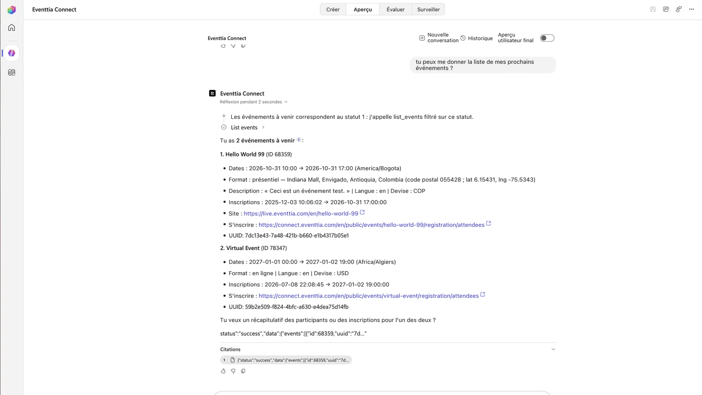 Test des outils Eventtia dans l'onglet Aperçu de Copilot Studio : l'agent liste les prochains événements et la trace d'activité montre l'appel List events et son résultat.