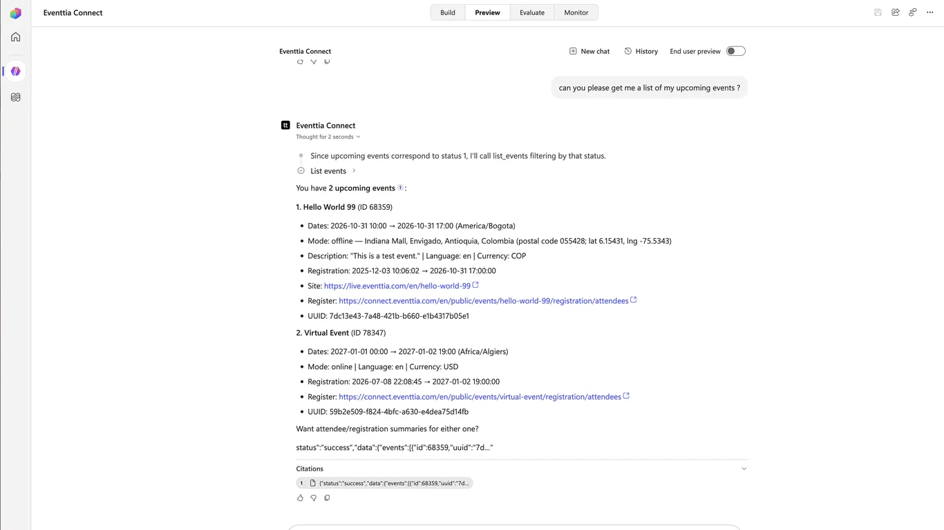 Testing the Eventtia tools in the Copilot Studio Preview tab: the agent lists upcoming events and the activity trace shows the List events call and its result.