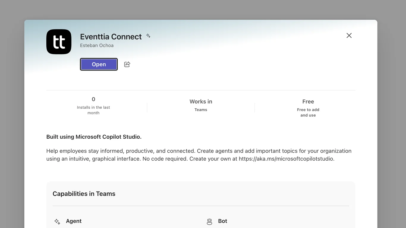 The Eventtia agent card in Microsoft Teams, ready to be added by a user.