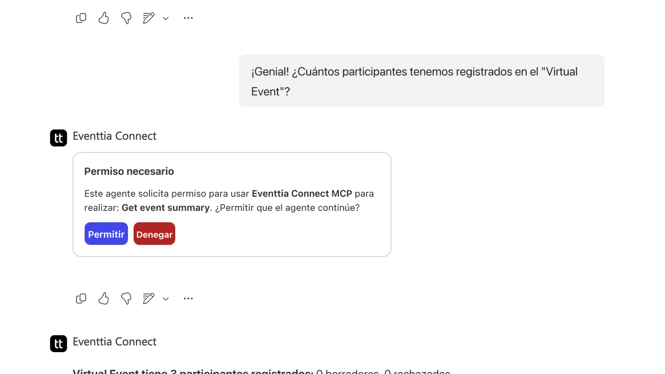 La tarjeta de permiso por usuario en Microsoft Teams: el agente pide permiso para usar Eventtia Connect MCP y obtener el resumen de un evento, con los botones Permitir y Denegar.