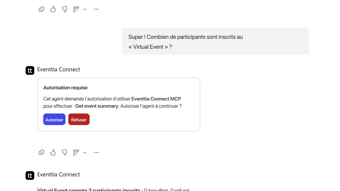 La carte d'autorisation par utilisateur dans Microsoft Teams : l'agent demande l'autorisation d'utiliser Eventtia Connect MCP pour obtenir la synthèse d'un événement, avec les boutons Autoriser et Refuser.