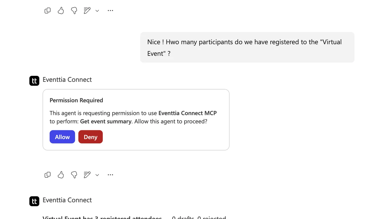 The per-user permission card in Microsoft Teams: the agent asks for permission to use Eventtia Connect MCP to get an event summary, with Allow and Deny buttons.