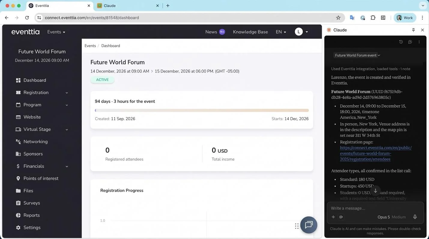 Configuration d'un événement avec Claude et le serveur MCP d'Eventtia : le tableau de bord du Future World Forum dans Eventtia, à côté de la confirmation de Claude sur l'événement, le lieu et les trois types de participants.