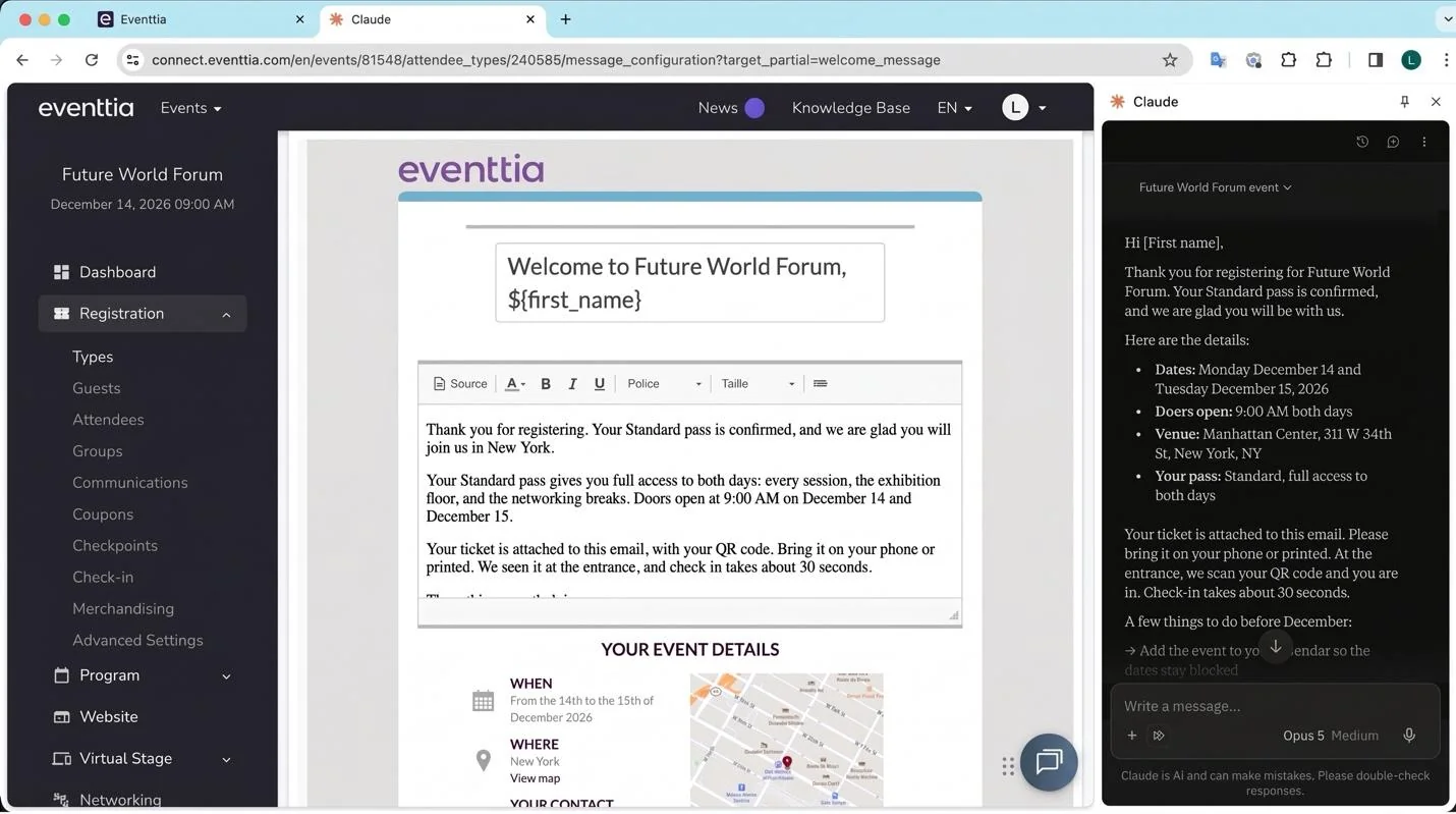 Mail de bienvenue du Future World Forum rédigé par Claude, affiché dans l'éditeur de messages d'Eventtia à côté du panneau latéral de Claude.