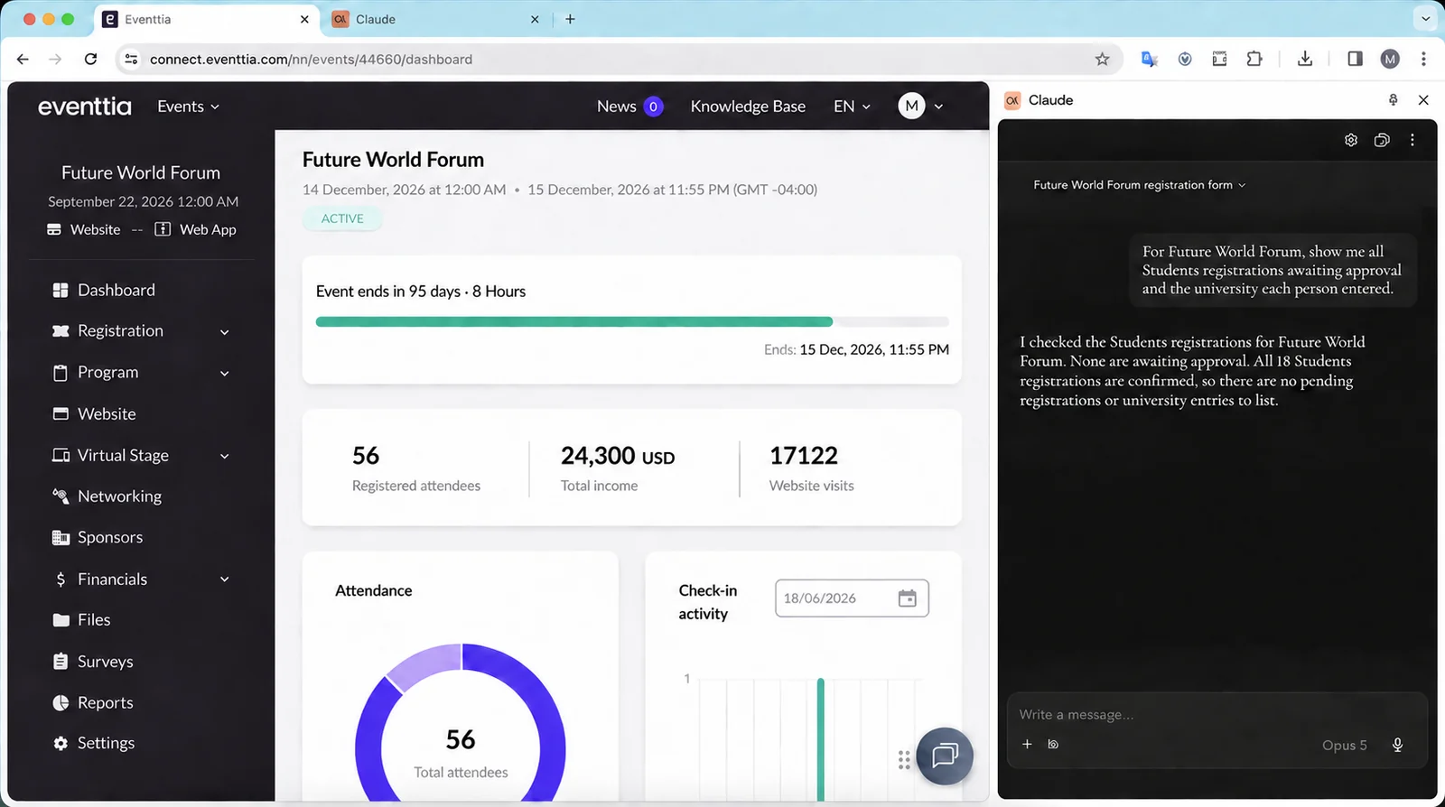 Suivi des inscriptions avec Claude et Eventtia : le tableau de bord du Future World Forum avec 56 participants inscrits et 24 300 USD de chiffre d'affaires, à côté de Claude qui confirme qu'aucune inscription Students n'est en attente de validation.