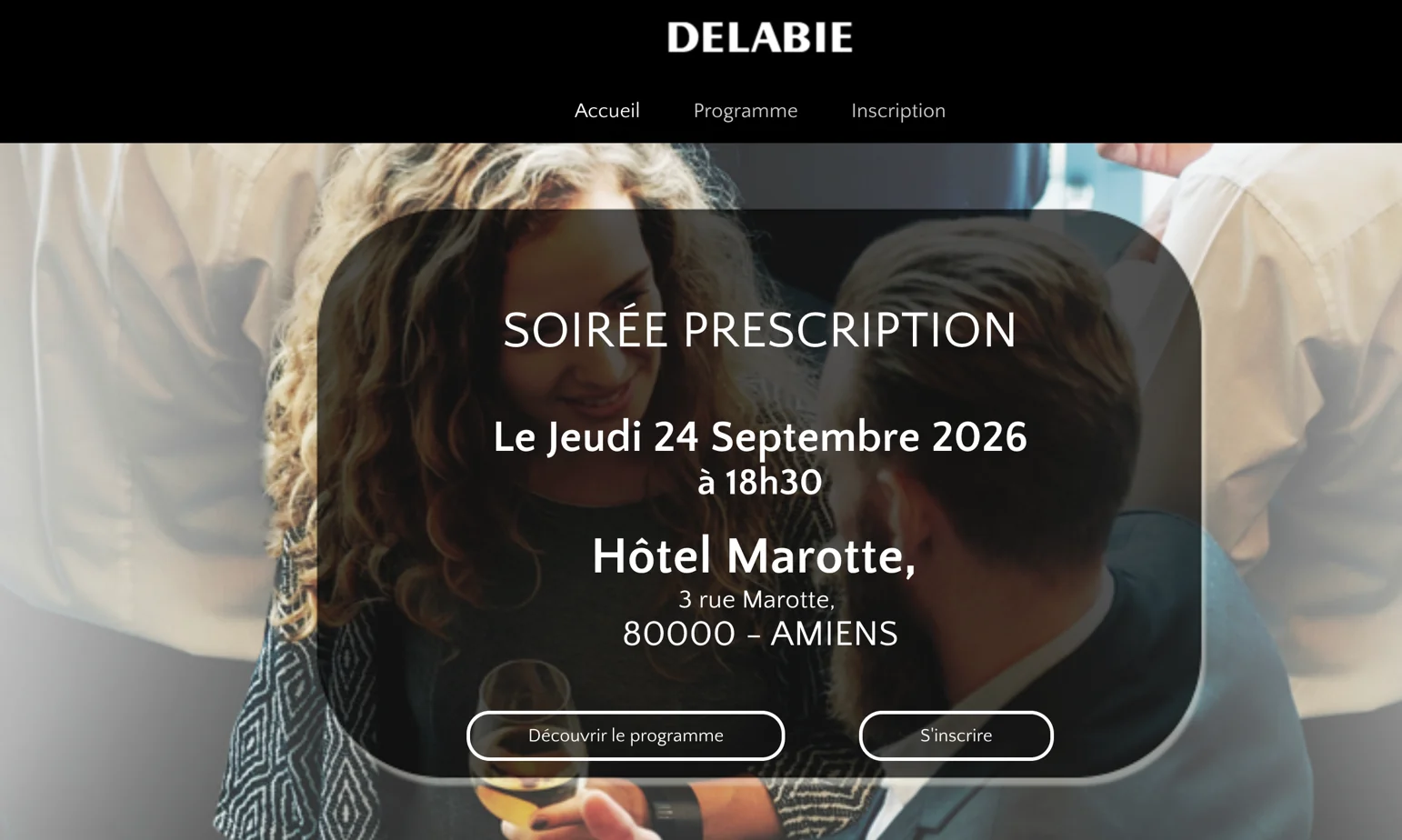 Le site web d'une soirée clients Delabie à Amiens, créé avec Eventtia, avec la date, le lieu et le bouton d'inscription