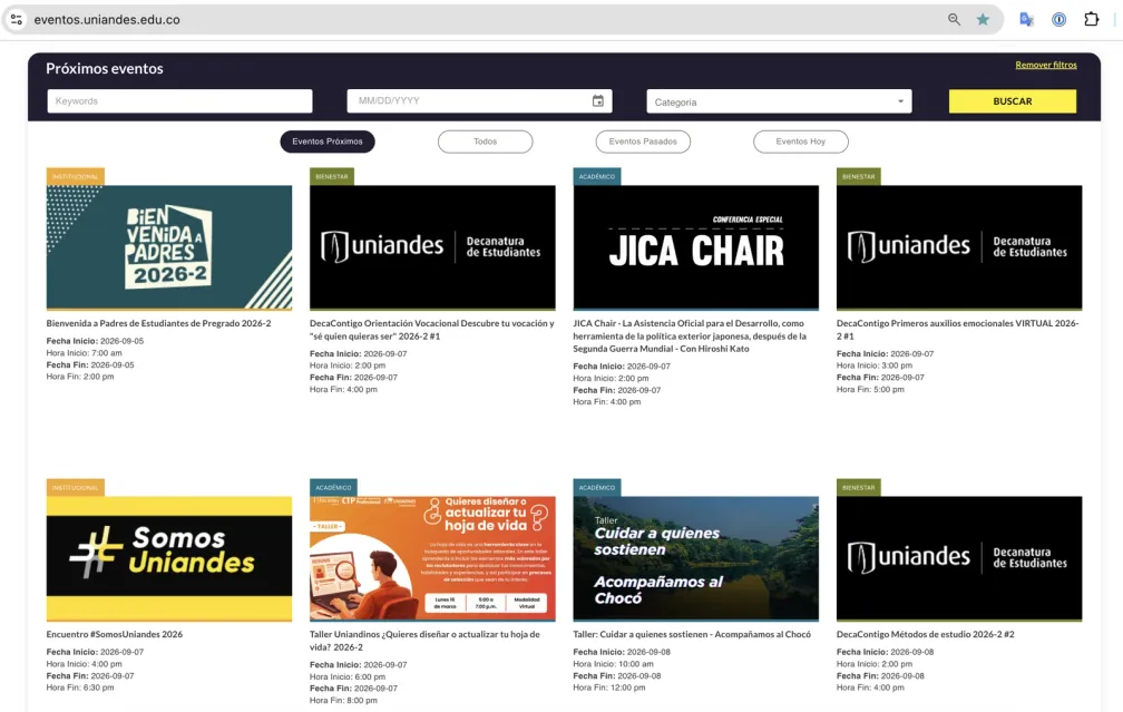 El portal de eventos de la Universidad de los Andes con los próximos eventos por categoría