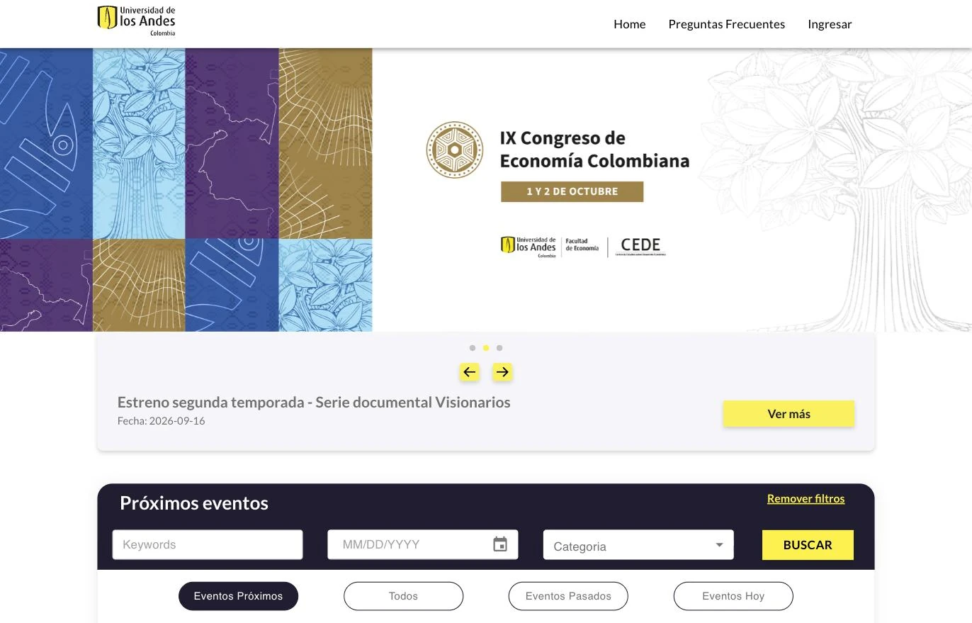 El portal de eventos de la Universidad de los Andes, con un evento destacado en la página de inicio