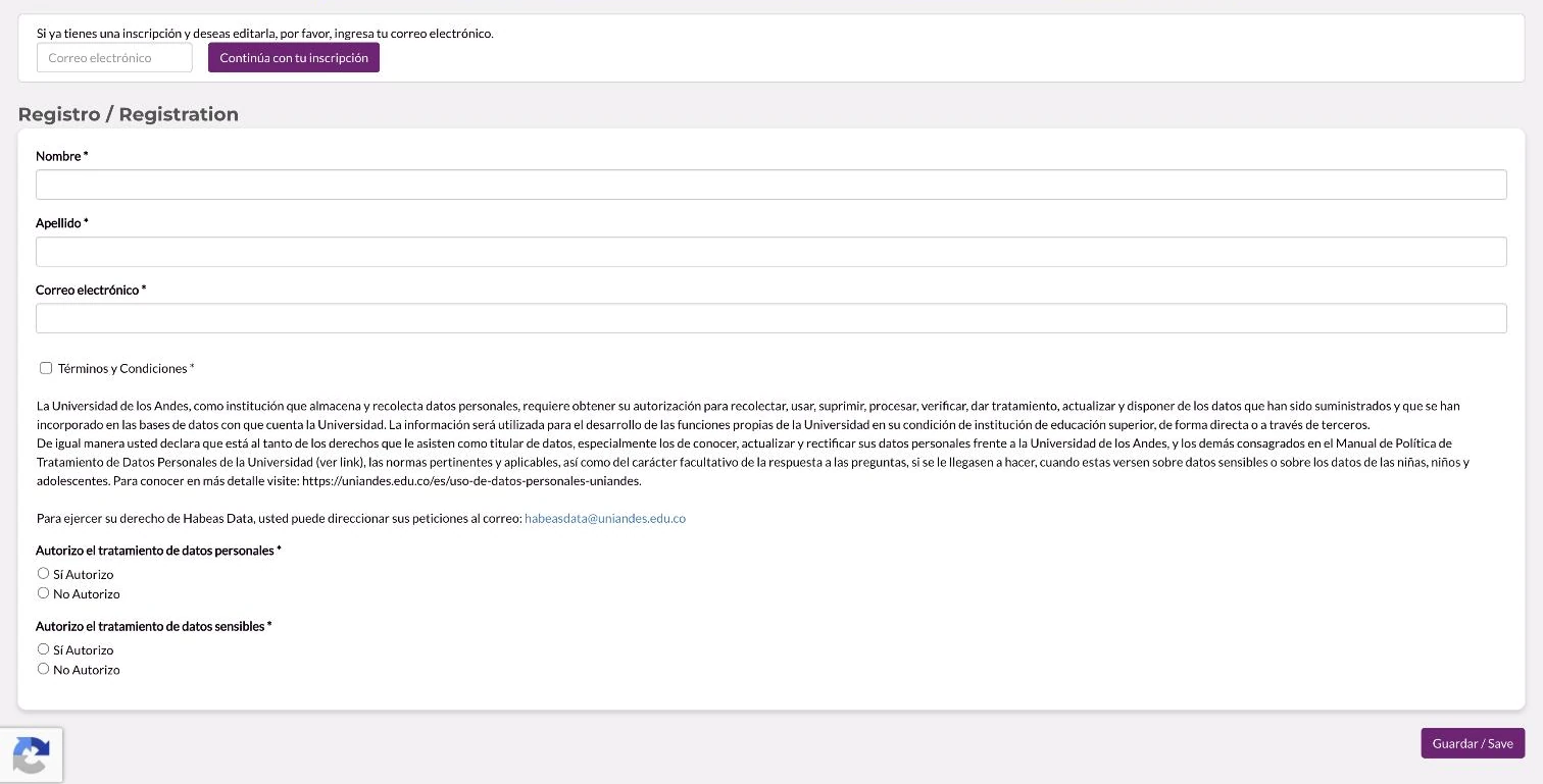 Un formulario de registro de la Universidad de los Andes con términos y campos de autorización de datos