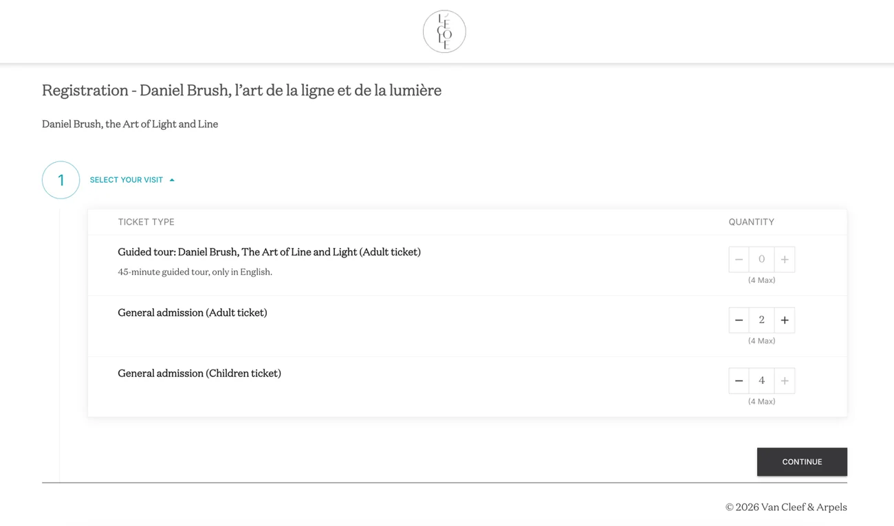 Van Cleef & Arpels exhibition registration page powered by Eventtia, showing time-slot ticket selection with adult and children admissions