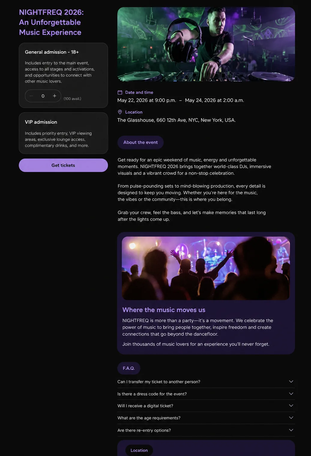 Una página de evento real de Eventtia, en formato oscuro para un evento de marca.