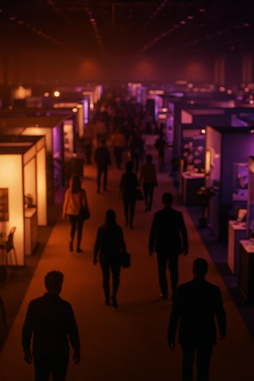 Marketing, events & media — busy exhibition floor at dusk
