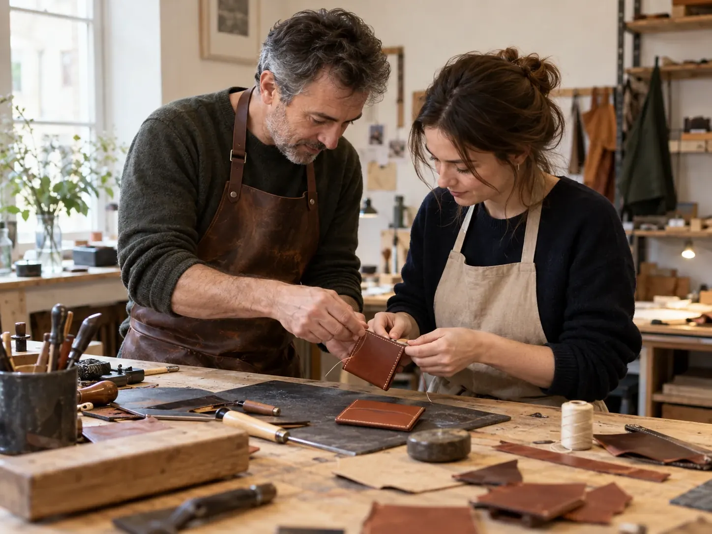 Illustration of a guest learning leatherwork with a craftsperson at an atelier