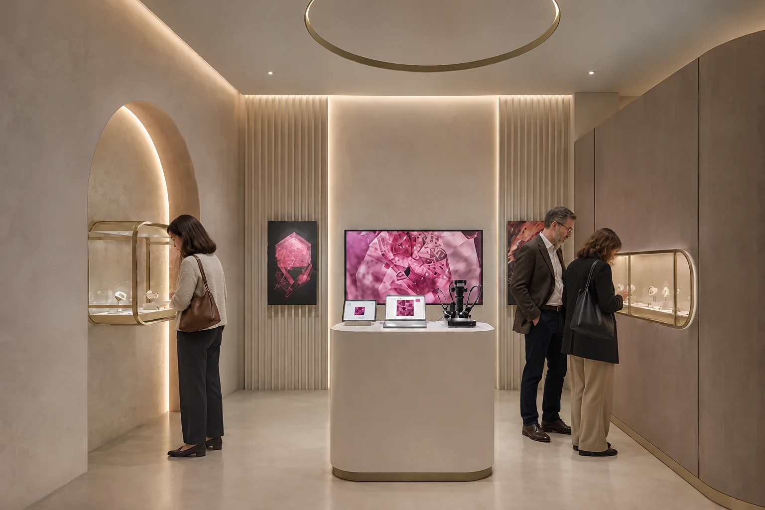 Illustration of three visitors browsing a jewelry exhibition