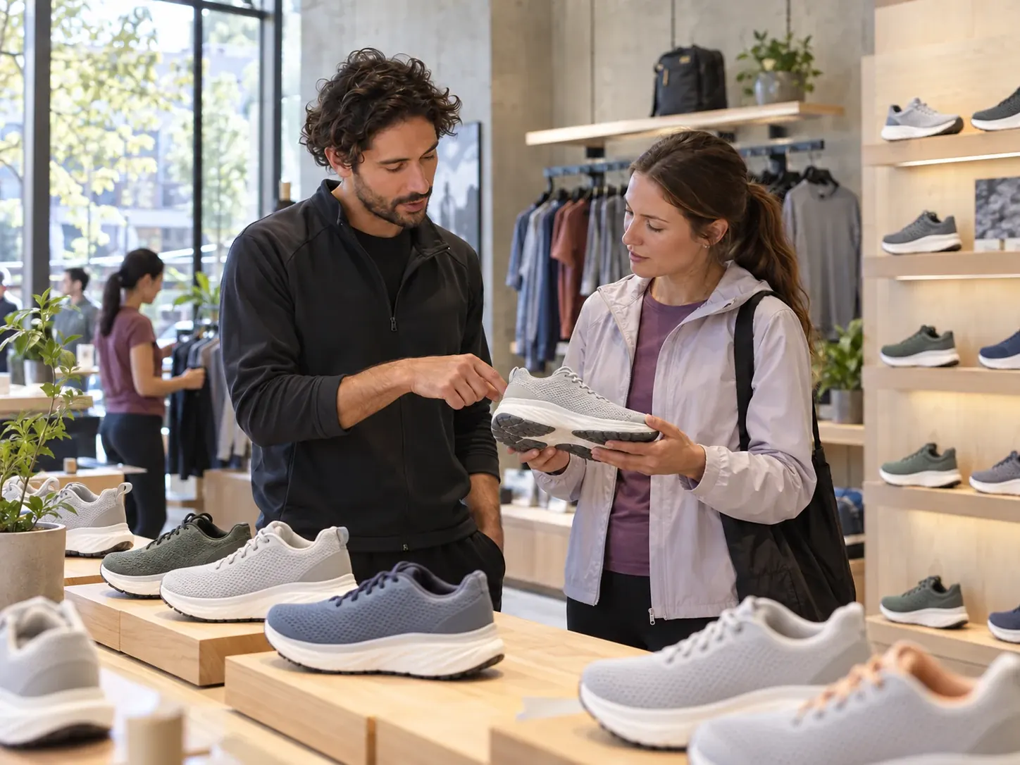 Illustration of a customer and advisor examining a running shoe in a sports store